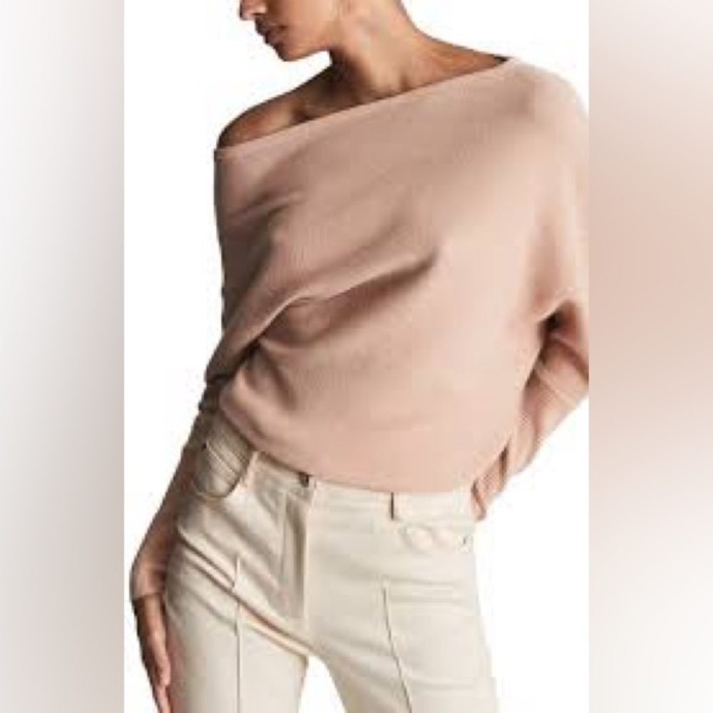 REISS Laylah Waffle Knit Sweater off shoulder blush NWT